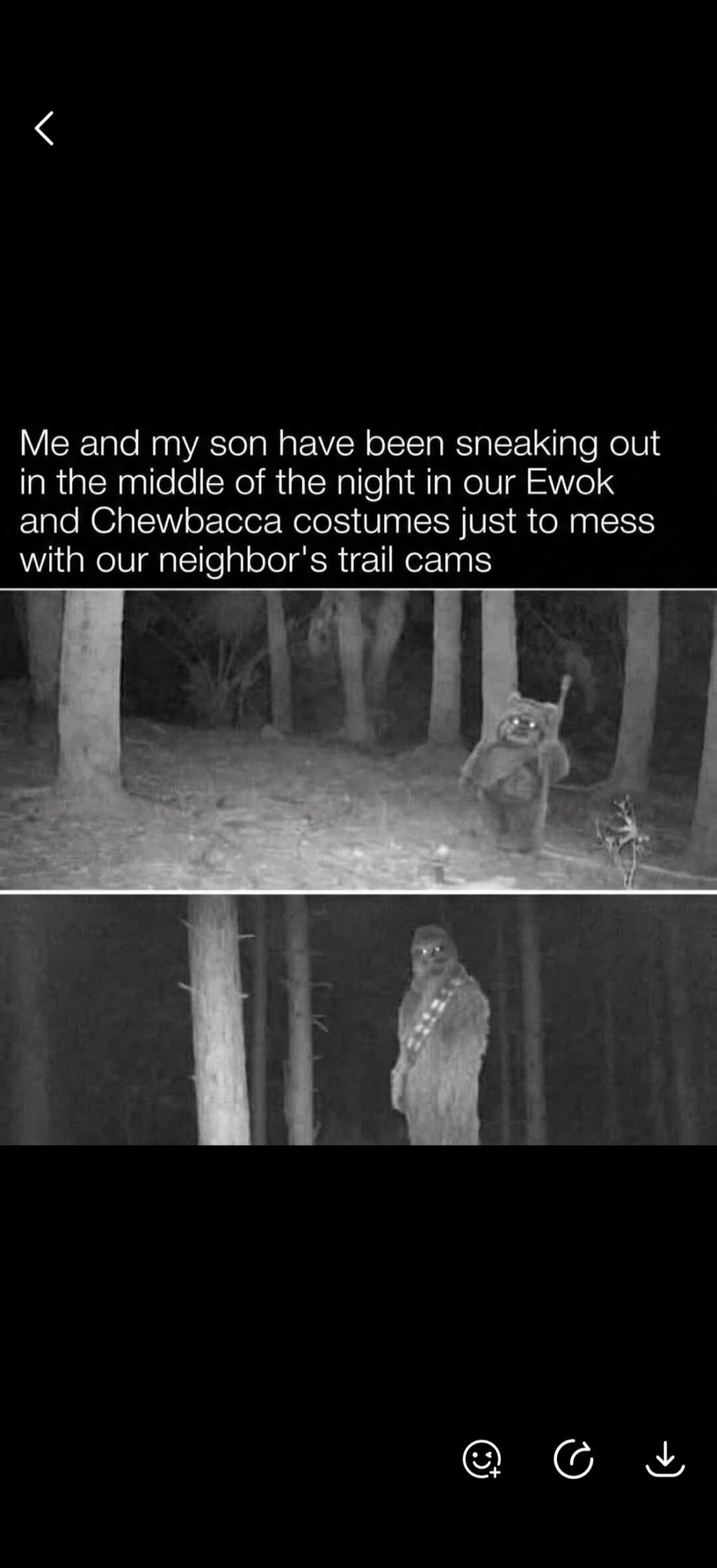Me and my son have been sneaking out in the middle of the night in our Ewok and Chewbacca costumes just to mess with our neighbor's trail cams