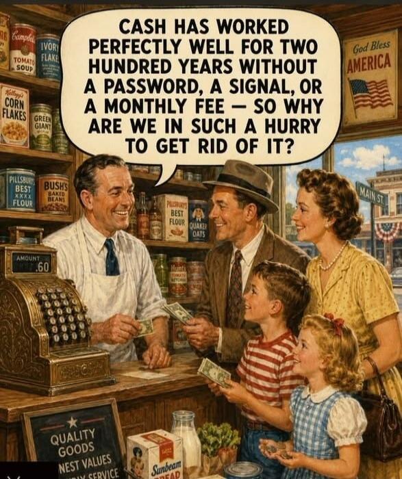 CASH HAS WORKED PERFECTLY WELL FOR TWO HUNDRED YEARS WITHOUT A PASSWORD, A SIGNAL, OR A MONTHLY FEE – SO WHY ARE WE IN SUCH A HURRY TO GET RID OF IT? God Bless AMERICA. MAIN ST. AMOUNT .60. QUALITY GOODS. NEST VALUES. Sunbeam BREAD. Pillsbury BEST FLOUR. Quaker OATS. Bush's BEST BAKED BEANS. Ivory FLAKE. Campbell's TOMATO SOUP. Kellogg's CORN FLAKE