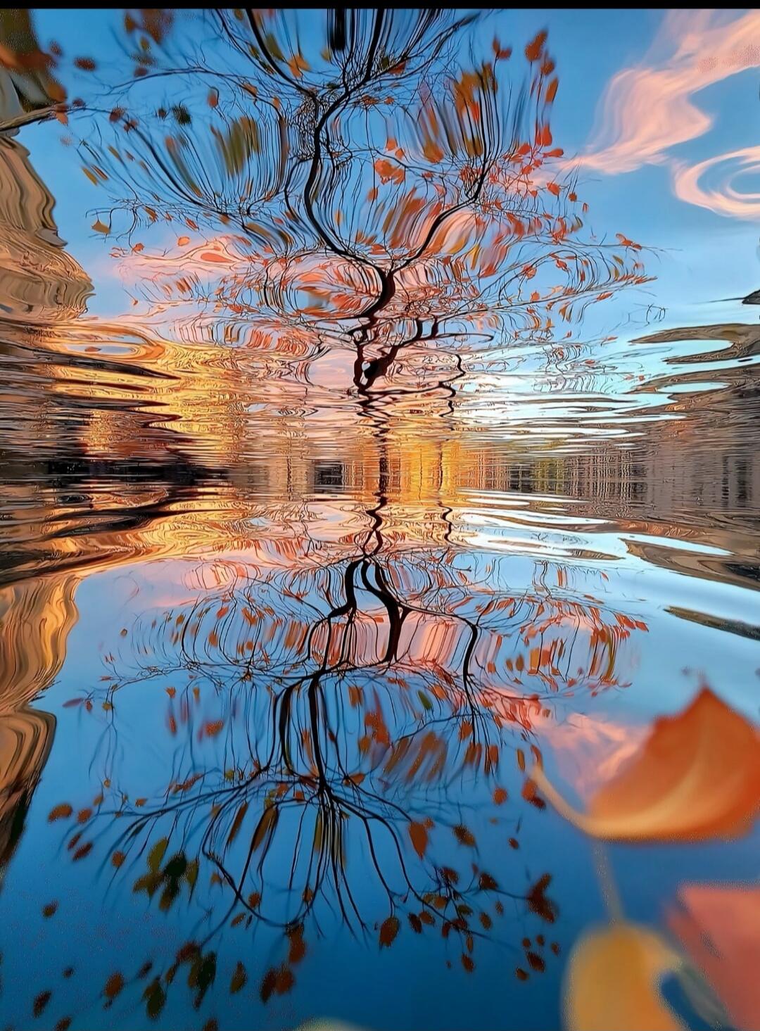 A reflection of a tree with bare branches and autumn leaves in a puddle, with a colorful sky and surrounding buildings mirrored on the water surface.