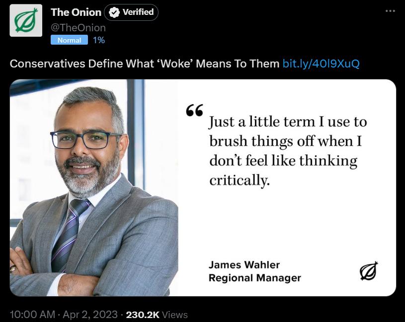 The Onion Verified Conservatives Define What Woke Means To Them Just a little term I use to brush things off when dont feel like thinking critically James Waher Regional Manager 2302K