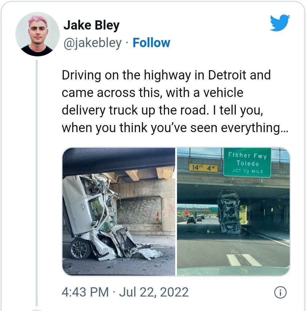 Jake Bley jakebley Follow Driving on the highway in Detroit and came across this with a vehicle delivery truck up the road tell you when you think youve seen everything 443 PM Jul 22 2022