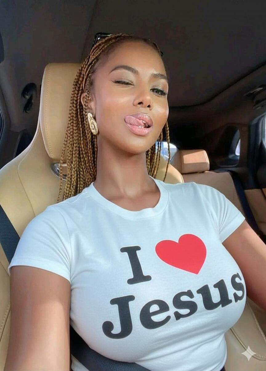 I ❤️ Jesus. A woman winks and sticks out her tongue.