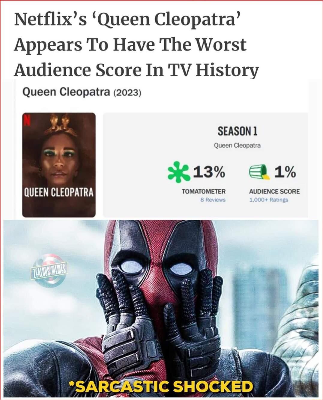 Netflixs Queen Cleopatra Appears To Have The Worst Audience Score In TV History Queen Cleopatra 2023 SEASON1 13 D 1 QUEEN CLEOPATRA TOMATOMETER AUDIENCE SCORE SARGASTIC SHOCKED