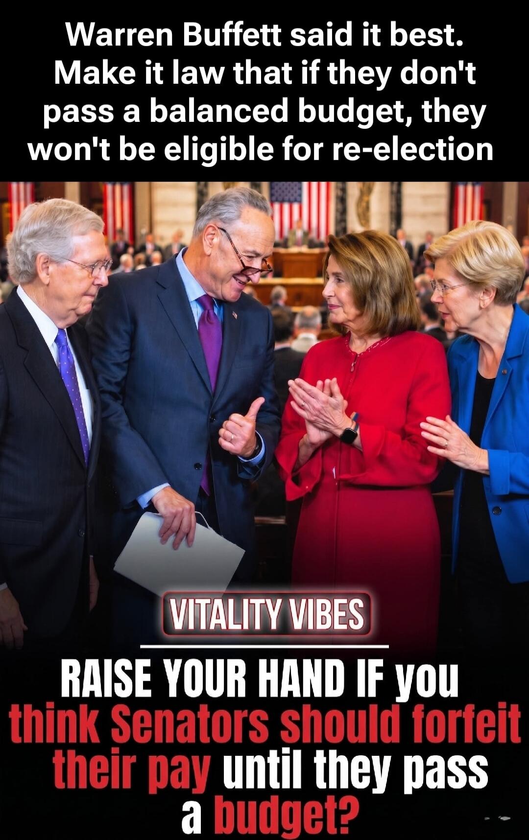 Warren Buffett said it best. Make it law that if they don't pass a balanced budget, they won't be eligible for re-election. VITALITY VIBES. RAISE YOUR HAND IF you think Senators should forfeit their pay until they pass a budget?