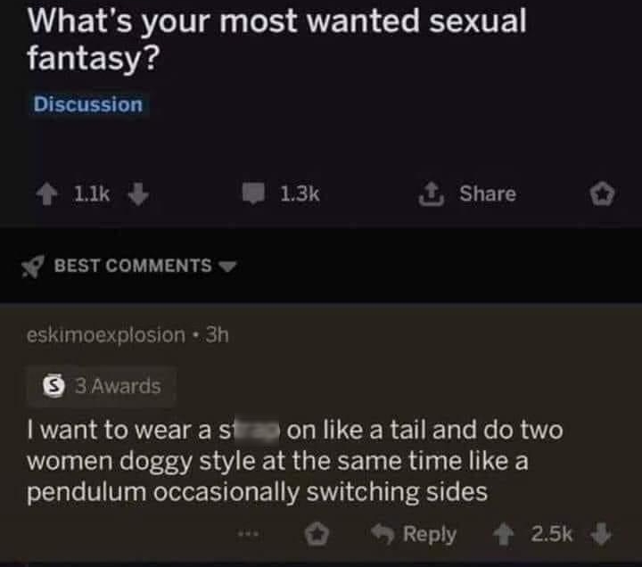 rAskReddit uXanduh 4h NSFW Whats your most wanted sexual fantasy Discussion 41k W 13k Share o BEST COMMENTS w eskimoexplosion 3 3Awards want to wear a strap on like a tail and do two women doggy style at the same time like a VIV ReTel HI T E N ISV Gl Ty T 1 QO Reply 4 25k PM_ME__RECIPES 2h Were all living in 2019 and this guy is living in 3019