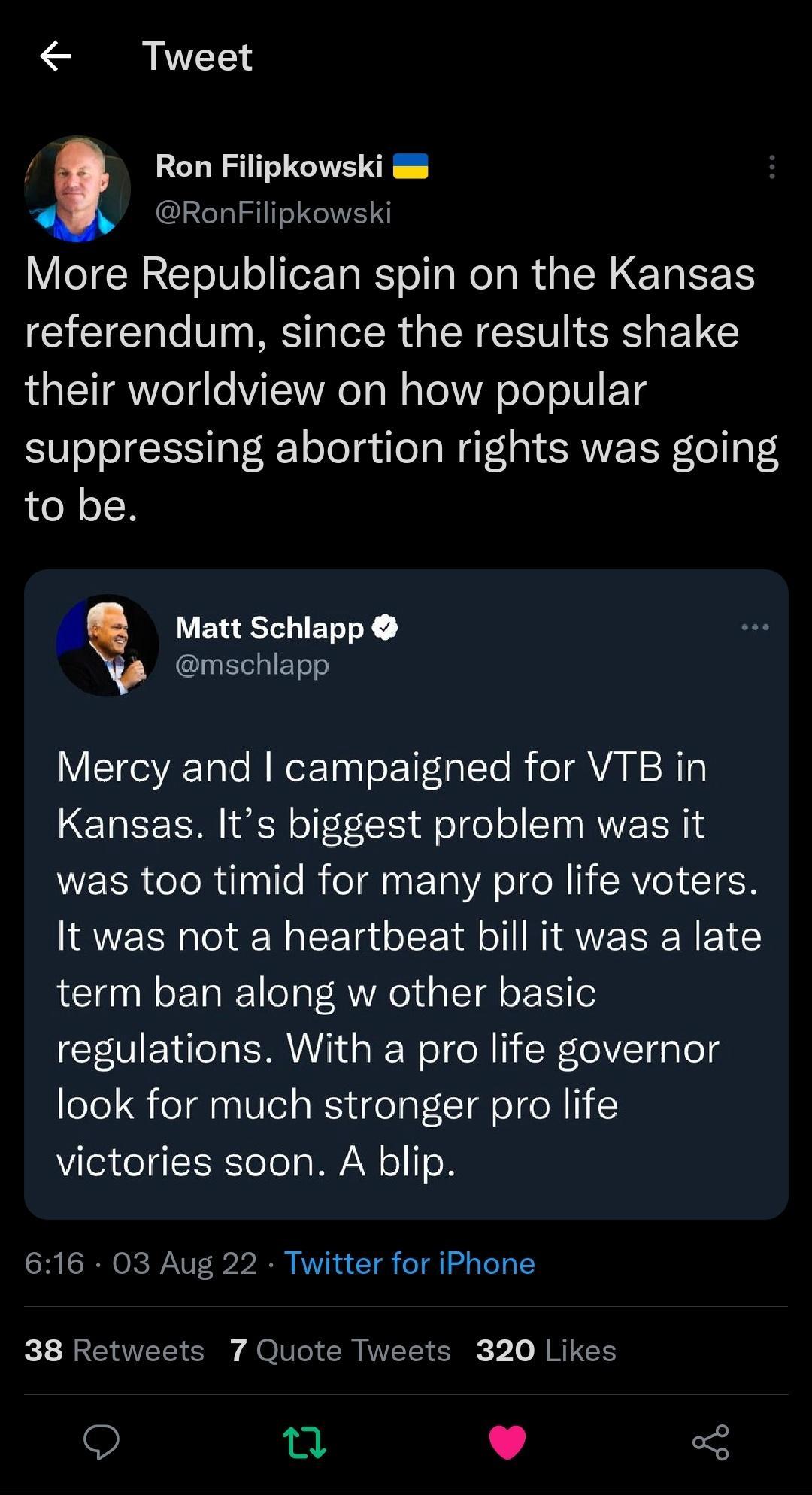 Tweet Ron Filipkowski RonFilipkowski More Republican spin on the Kansas referendum since the results shake their worldview on how popular suppressing abortion rights was going to be 4 Matt Schlapp mschlapp Mercy and campaigned for VTB in Kansas Its biggest problem was it WECRIeRtlile RolanEla AT N IRV IR It was not a heartbeat bill it was a late term ban along w other basic regulations With a pro 