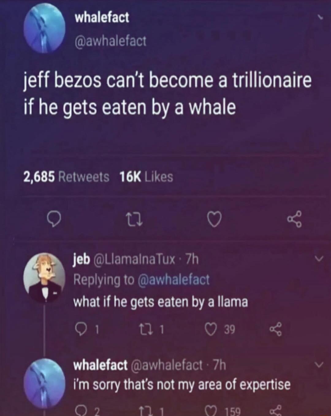 whalefact @awhalefact jeff Bezos can't become a trillionaire if he gets eaten by a whale 2,685 Retweets 16K Likes jeb @LlamalnaTux 7h Replying to @awhalefact what if he gets eaten by a llama whalefact @awhalefact 7h i'm sorry that's not my area of expertise