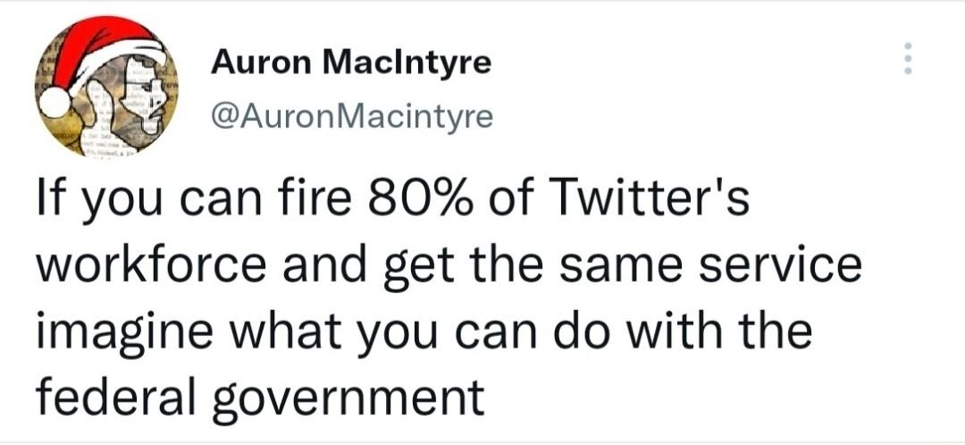 Auron Maclntyre AuronMacintyre If you can fire 80 of Twitters workforce and get the same service imagine what you can do with the federal government