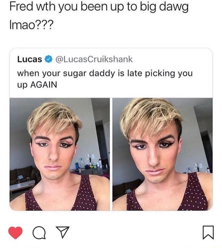 Fred wth you been up to big dawg Imao Lucas LucasCruikshank when your sugar daddy is late picking you up AGAIN