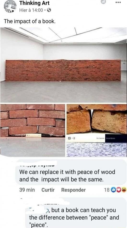 Thinking Art Tgge Hiera1400 The impact of a book We can replace it with peace of wood and the impact will be the same 39min Curtir Responder 1800 but a book can teach you the difference between peace and iece