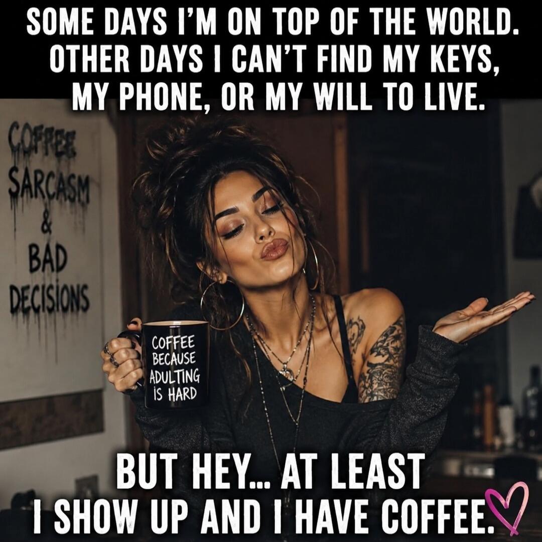 SOME DAYS I'M ON TOP OF THE WORLD. OTHER DAYS I CAN'T FIND MY KEYS, MY PHONE, OR MY WILL TO LIVE. COFFEE SARCASM & BAD DECISIONS. COFFEE BECAUSE ADULTING IS HARD. BUT HEY... AT LEAST I SHOW UP AND I HAVE COFFEE.
