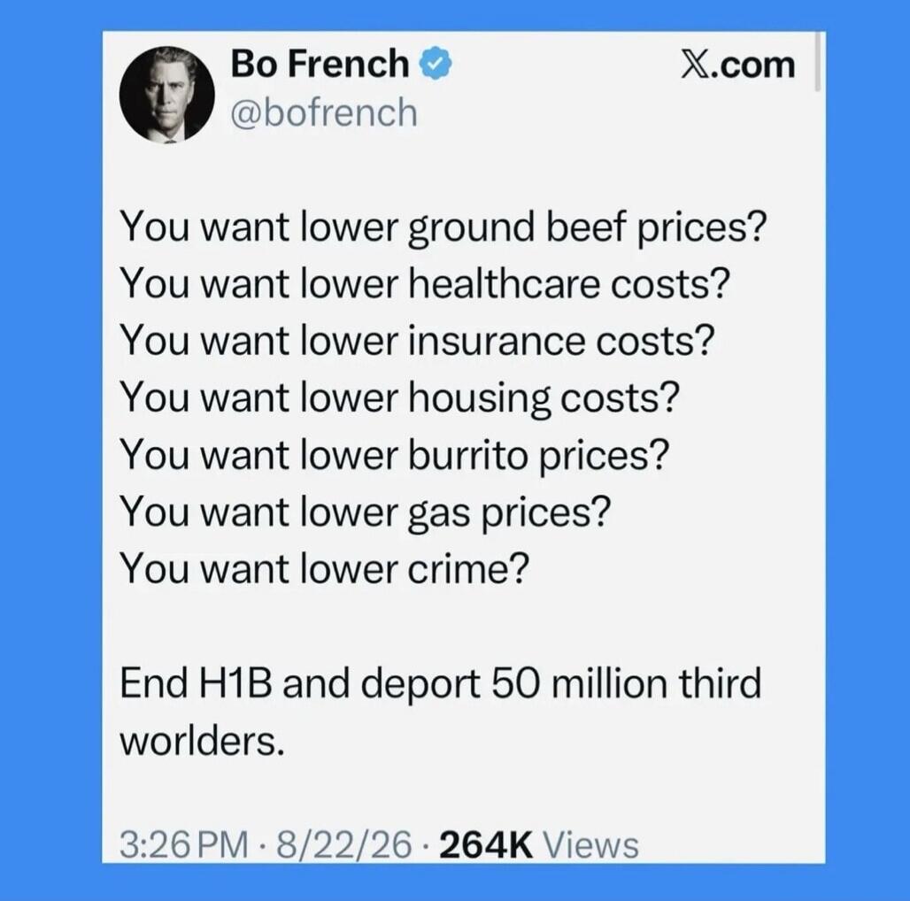 Bo French @bofrench X.com You want lower ground beef prices? You want lower healthcare costs? You want lower insurance costs? You want lower housing costs? You want lower burrito prices? You want lower gas prices? You want lower crime? End H1B and deport 50 million third worlders. 3:26 PM · 8/22/26 · 264K Views