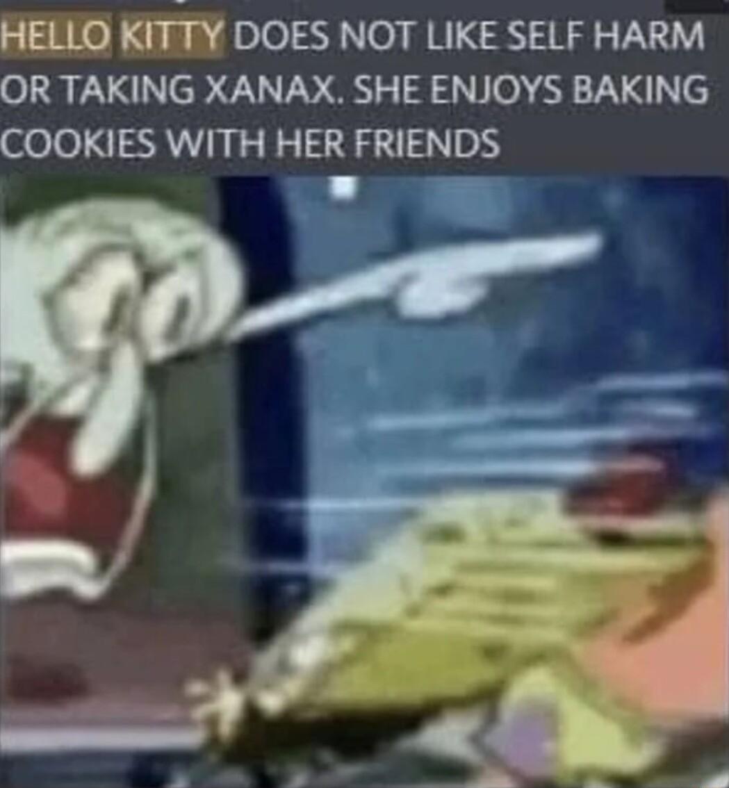 HELLO KITTY DOES NOT LIKE SELF HARM OR TAKING XANAX SHE ENJOYS BAKING COOKIES WITH HER FRIENDS