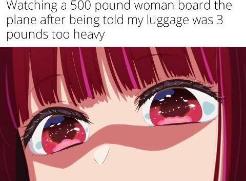 Watching a 500 pound woman board the plane after being told my luggage was 3 pounds too heavy