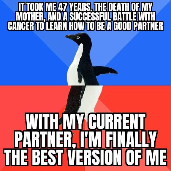 T TOOKME A7 YEARS THEDEATH OF MY VOTHER YAND A SUCGESSFULBATTLEWITH CANCER TO LEARN HOWTOBEAGOOD PARTNER WITH MYIBHENT PARTNER IiMIFINALLY THEBEST VERSIONOFME