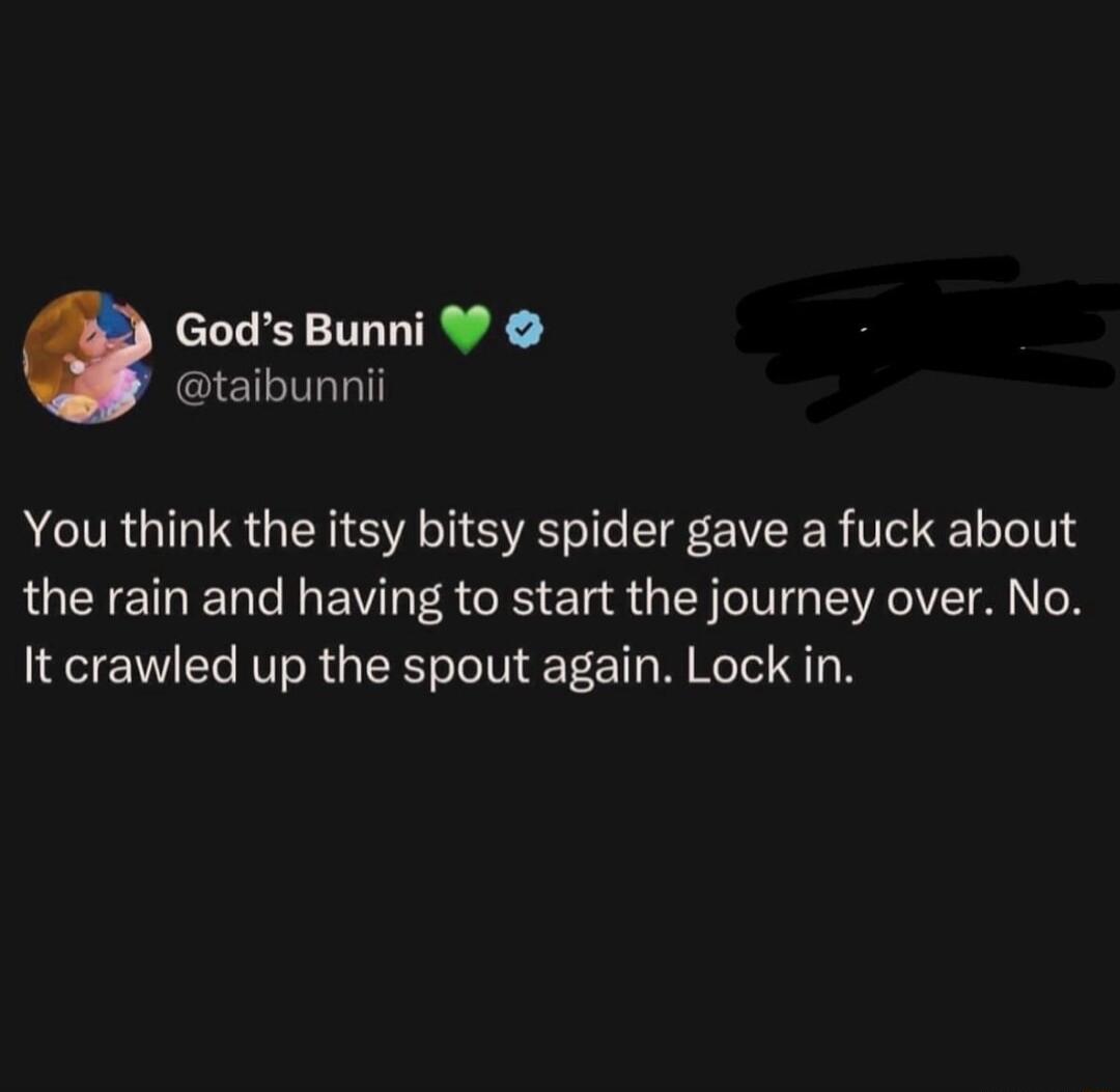 Gods Bunni taibunnii You think the itsy bitsy spider gave a fuck about the rain and having to start the journey over No It crawled up the spout again Lock in