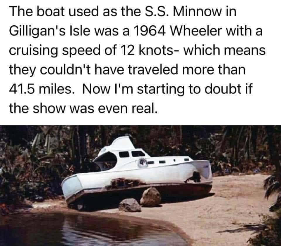 The boat used as the SS Minnow in Gilligans Isle was a 1964 Wheeler with a cruising speed of 12 knots which means they couldnt have traveled more than 415 miles Now Im starting to doubt if the show was even real