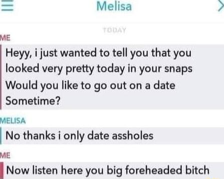 Melisa ME Heyy i just wanted to tell you that you looked very pretty today in your snaps Would you like to go out on a date Sometime MELISA No thanks i only date assholes ME I Now listen here you big foreheaded bitch