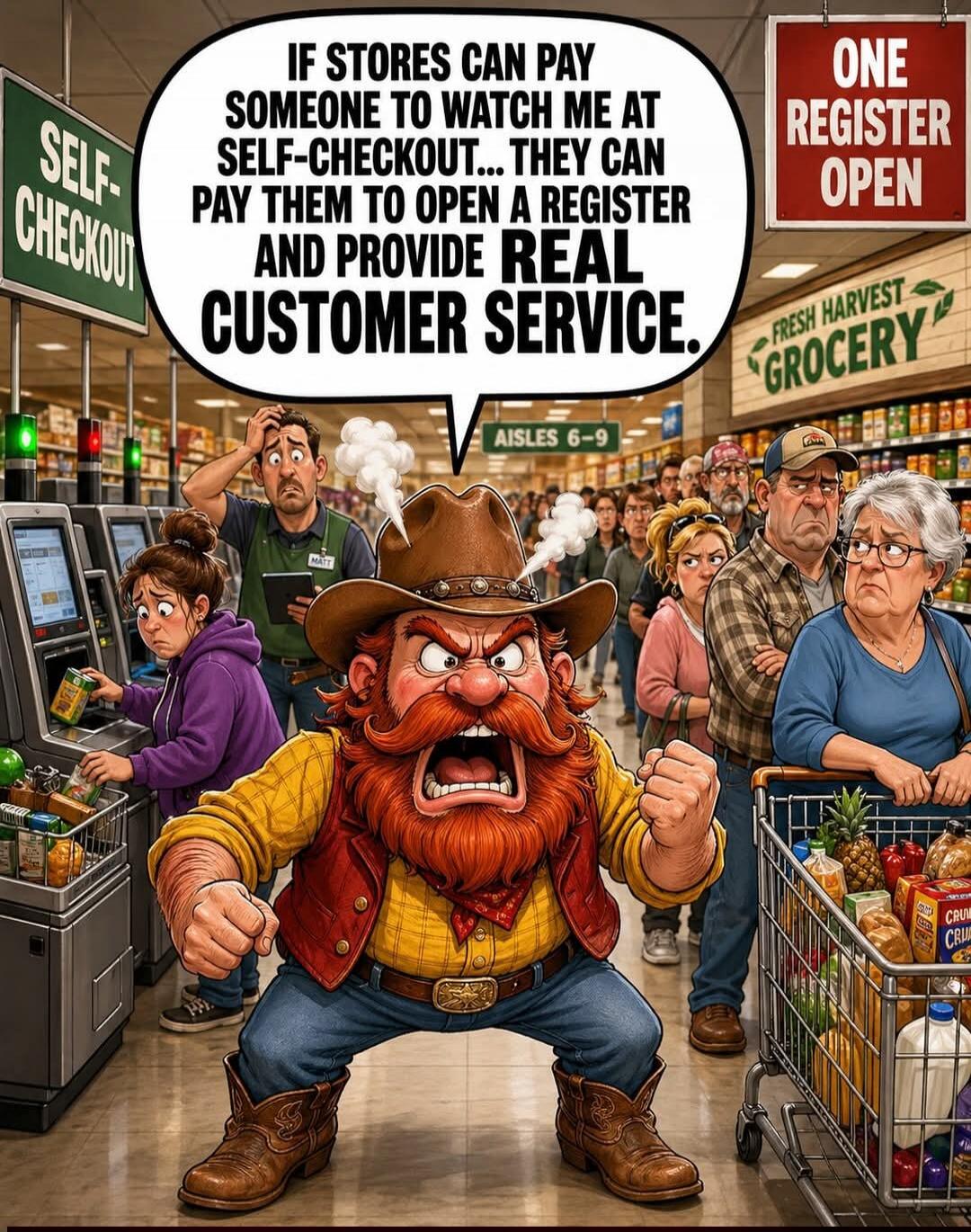 SELF-CHECKOUT IF STORES CAN PAY SOMEONE TO WATCH ME AT SELF-CHECKOUT... THEY CAN PAY THEM TO OPEN A REGISTER AND PROVIDE REAL CUSTOMER SERVICE. ONE REGISTER OPEN FRESH HARVEST GROCERY AISLES 6-9
