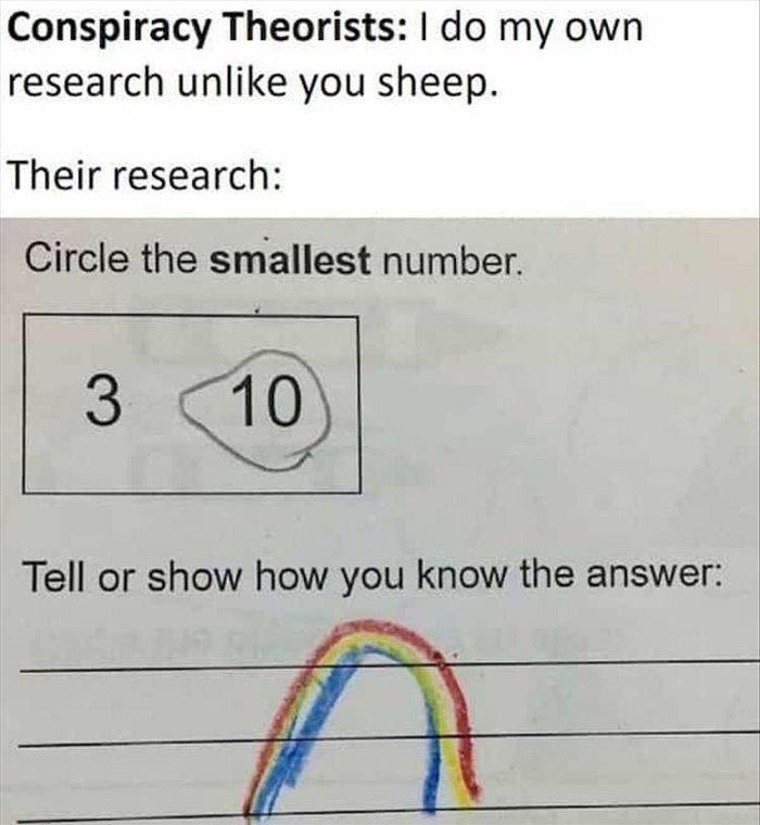 Conspiracy Theorists do my own research unlike you sheep Their research Circle the smallest number el Tell or show how you know the answer