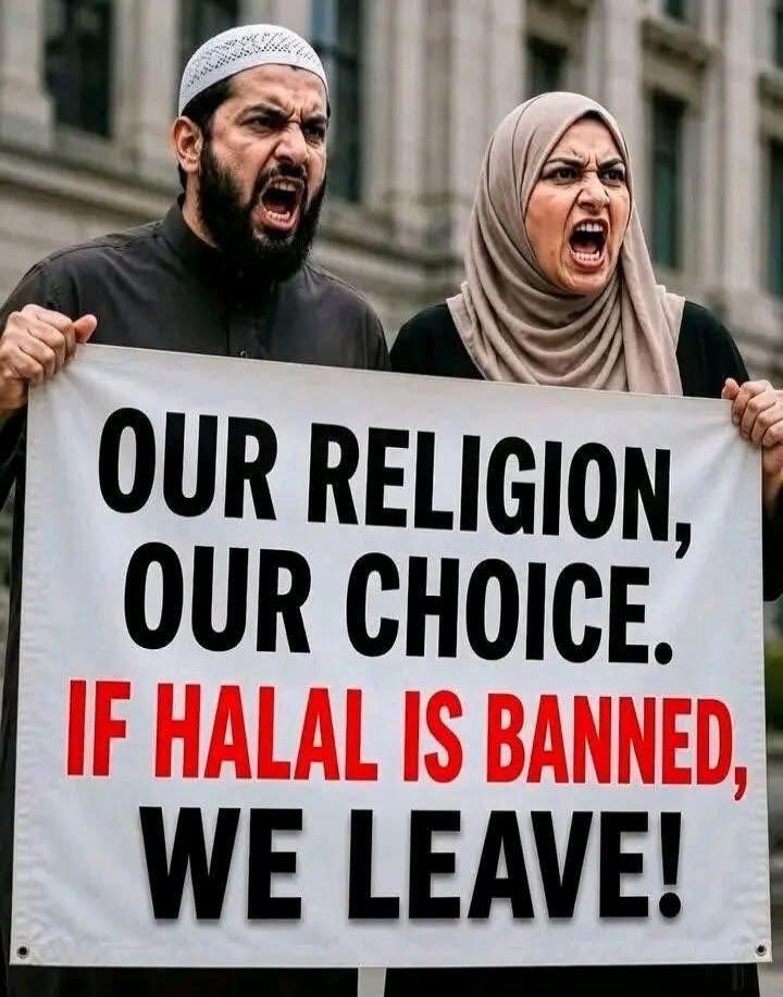OUR RELIGION, OUR CHOICE. IF HALAL IS BANNED, WE LEAVE!