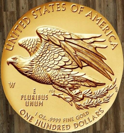 UNITED STATES OF AMERICA W E PLURIBUS UNUM PCB 1 OZ. .9999 FINE GOLD ONE HUNDRED DOLLARS