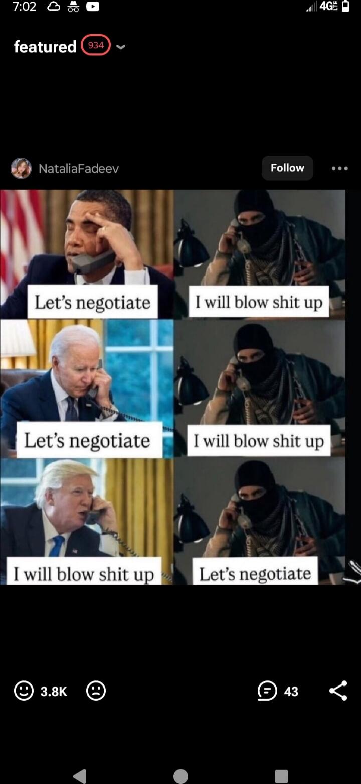 Let's negotiate
I will blow shit up
Let's negotiate
I will blow shit up