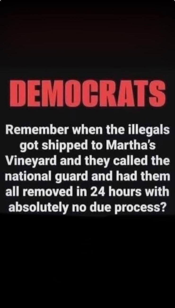 DEMOCRATS Remember when the illegals got shipped to Martha's Vineyard and they called the national guard and had them all removed in 24 hours with absolutely no due process?
