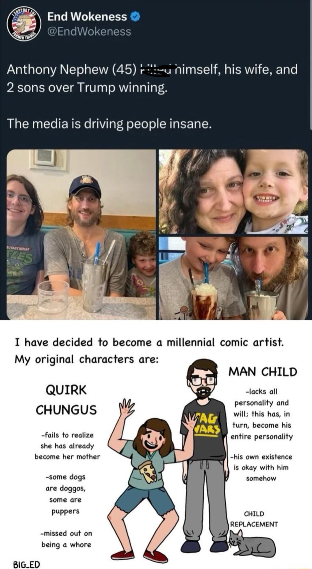 End Wokeness Anthony Nephew 45 r nimself his wife and 2 sons over Trump winning The media is driving people insane 1 have decided to become a millennial comic artist My original characters are MAN CHILD QUIRK lacks all personaity and CHUNGUS will this has in tur becor falt o ealize anfire parsonaity he hs alrady become har mother d is own exstence e akey withhim some doge are doggos puppars o REPL