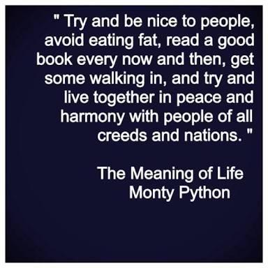 Try and be nice to people avoid eating fat read a good book every now and then get some walking in and try and live together in peace and harmony with people of all creeds and nations AL CRVEELT R A Monty Python