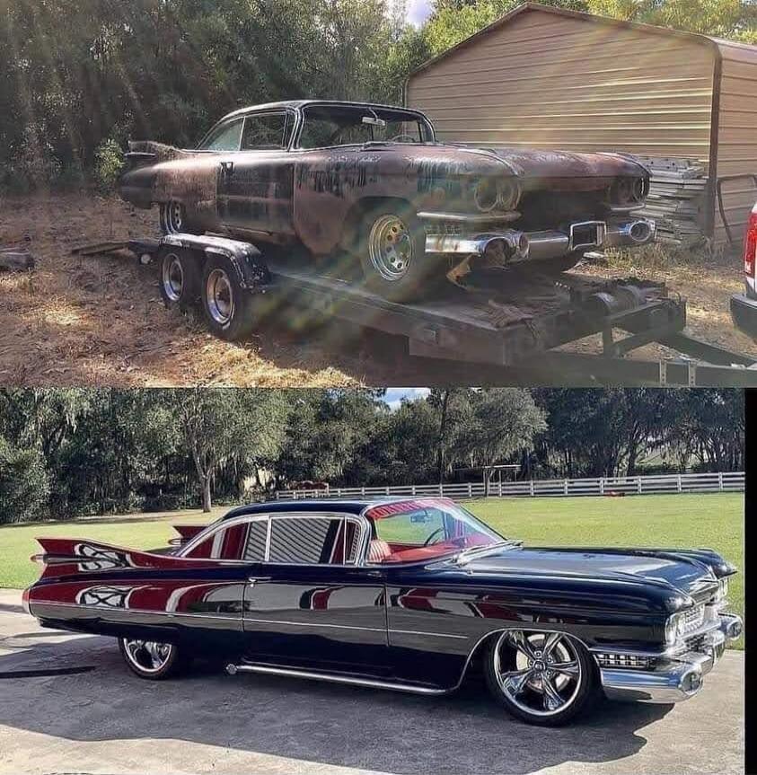 A split image showing a classic car, a Cadillac, before and after restoration. The top image shows the rusty, dilapidated car on a trailer, while the bottom image displays the same car fully restored, painted black with a red interior, and shiny chrome details.