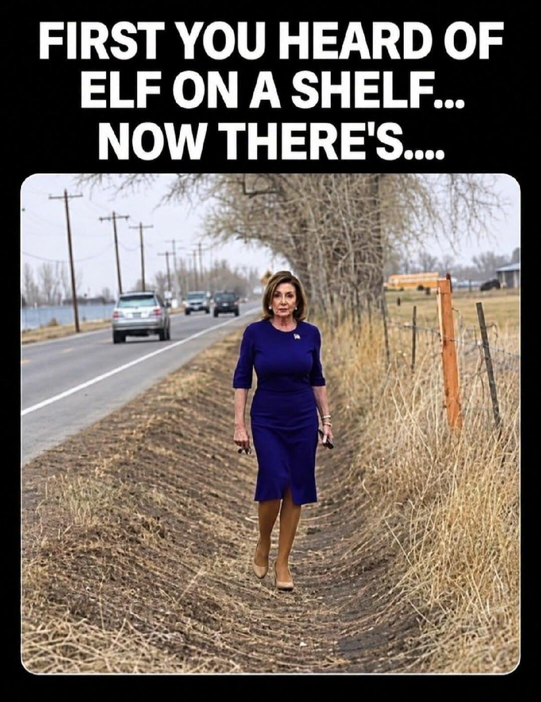 FIRST YOU HEARD OF ELF ON A SHELF... NOW THERE'S..... The meme implies a rhyme with 'Elf on a Shelf', such as 'Pelosi in a ditch' or 'Pelosi in a trench', referring to Nancy Pelosi walking in a roadside ditch.