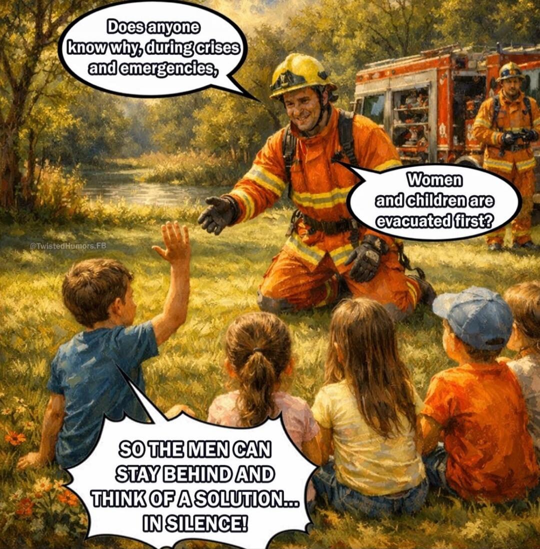 Does anyone know why, during crises and emergencies, women and children are evacuated first? So the men can stay behind and think of a solution... in silence!