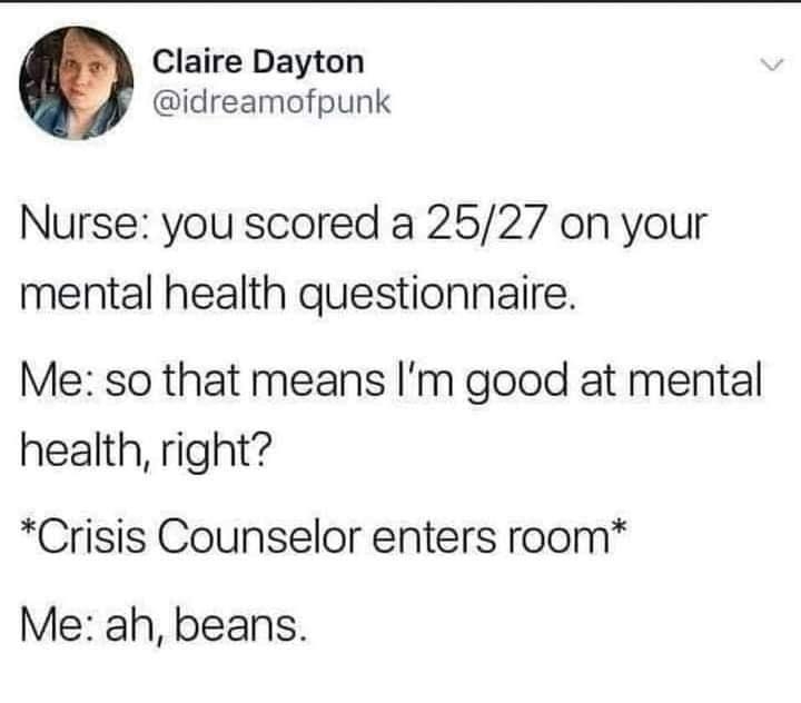 Claire Dayton idreamofpunk Nurse you scored a 2527 on your mental health questionnaire Me so that means Im good at mental health right Crisis Counselor enters room Me ah beans 201PM 112619 Twitter for iPhone