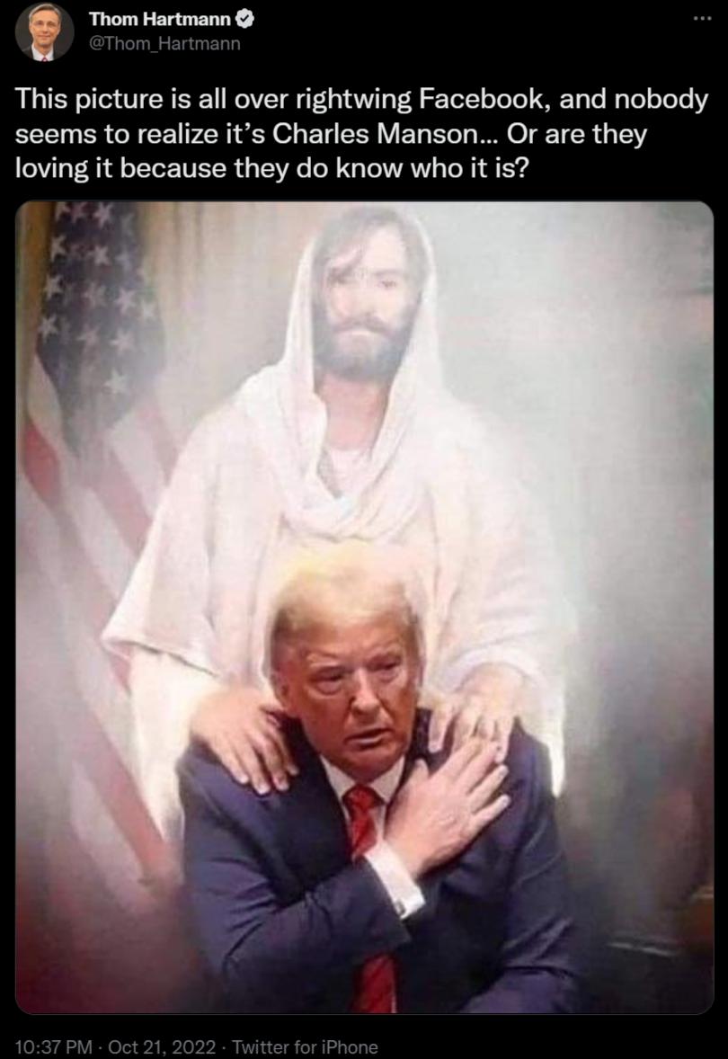 Thom Hartmann This picture is all over rightwing Facebook and nobody seems to realize its Charles Manson Or are they loving it because they do know who it is