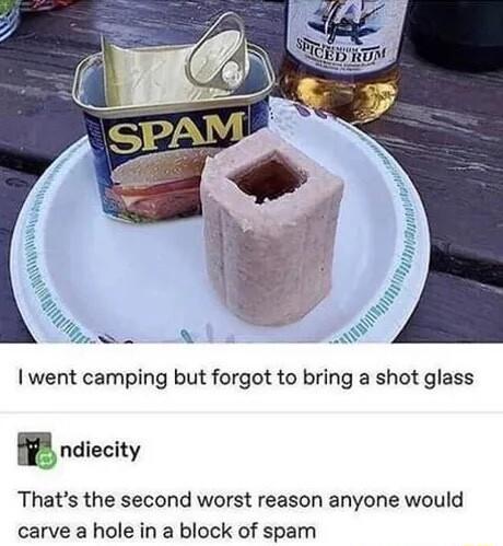 went camping but forgot to bring a shot glass Mndiecity Thats the second worst reason anyone would carve a hole in a block of spam