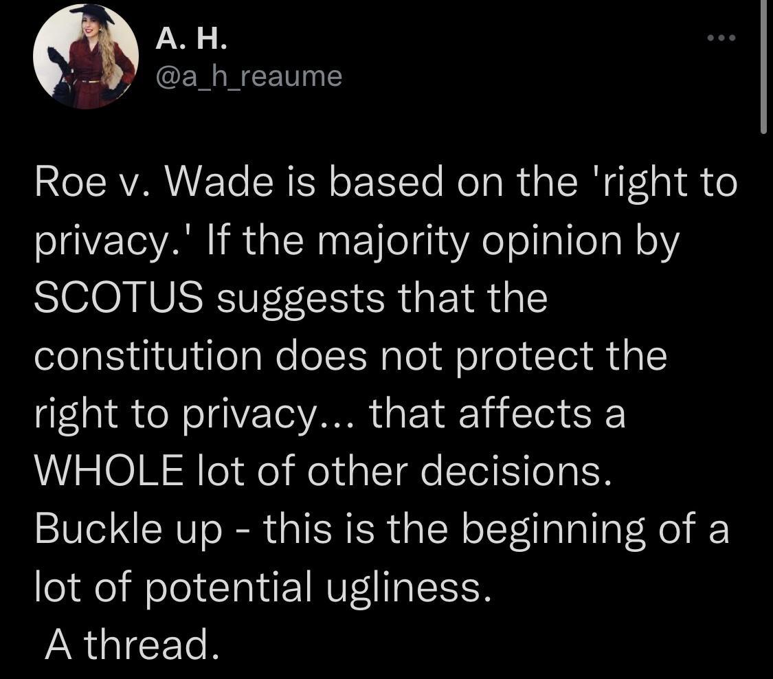 AW o B CERNGCETINE RCIEAVARITETe SRS o IYTo Mol aRualc I afolgl R 0 OISR Rl lR lef1YXe ollaleaN o SCOTUS suggests that the constitution does not protect the right to privacy that affects a WHOLE lot of other decisions Buckle up this is the beginning of a lot of potential ugliness A thread