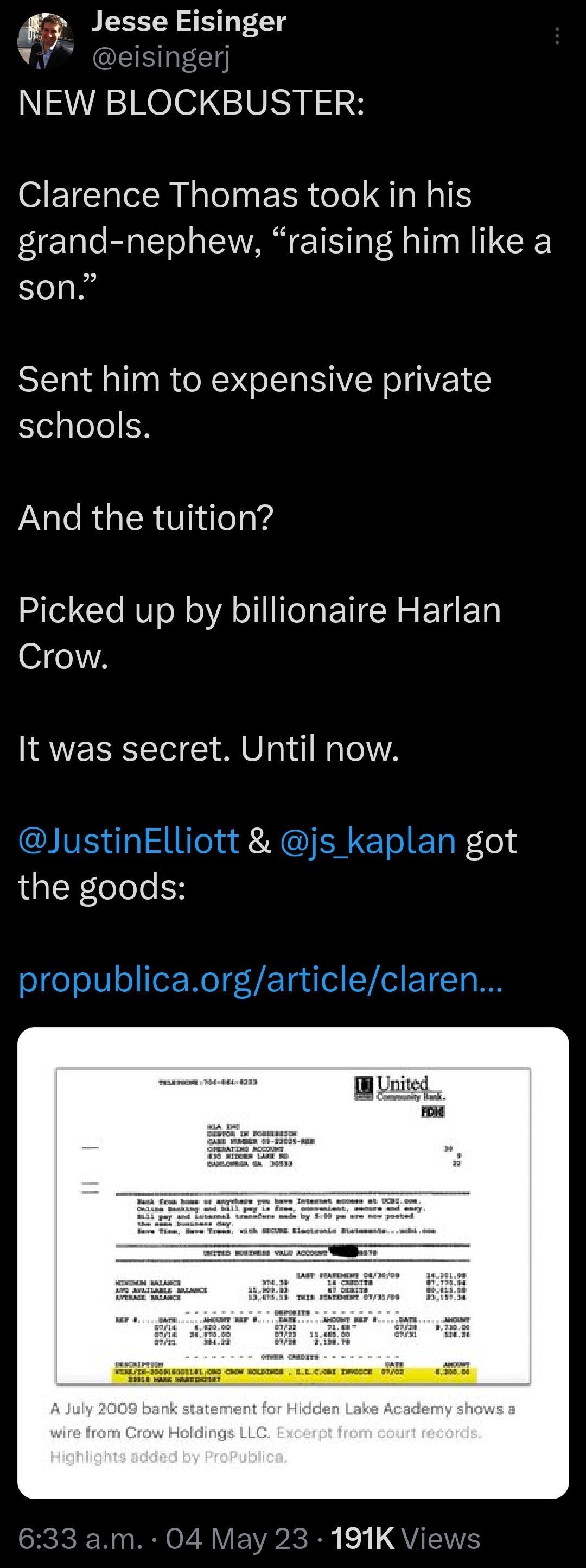 Jesse Eisinger eisingerj NEW BLOCKBUSTER OIETCIICR N T ERR TR grand nephew raising him like a Elelah Sent him to expensive private schools And the tuition Picked up by billionaire Harlan Crow It was secret Until now flols the goods