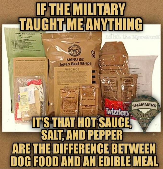 IF THE MILITARY TAUGHT ME ANYTHING IT'S THAT HOT SAUCE, SALT, AND PEPPER ARE THE DIFFERENCE BETWEEN DOG FOOD AND AN EDIBLE MEAL. MENU 22 Asian Beef Strips, FRIED RICE, Twizzlers. Lilith the MemePunk, SHAMMERS UNITED.