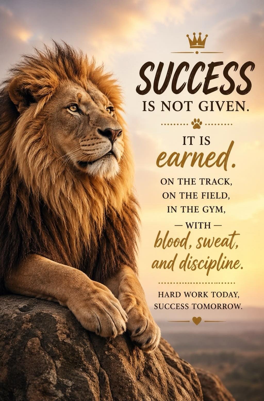 SUCCESS IS NOT GIVEN. IT IS earned. ON THE TRACK, ON THE FIELD, IN THE GYM, - WITH - blood, sweat, and discipline. HARD WORK TODAY, SUCCESS TOMORROW.