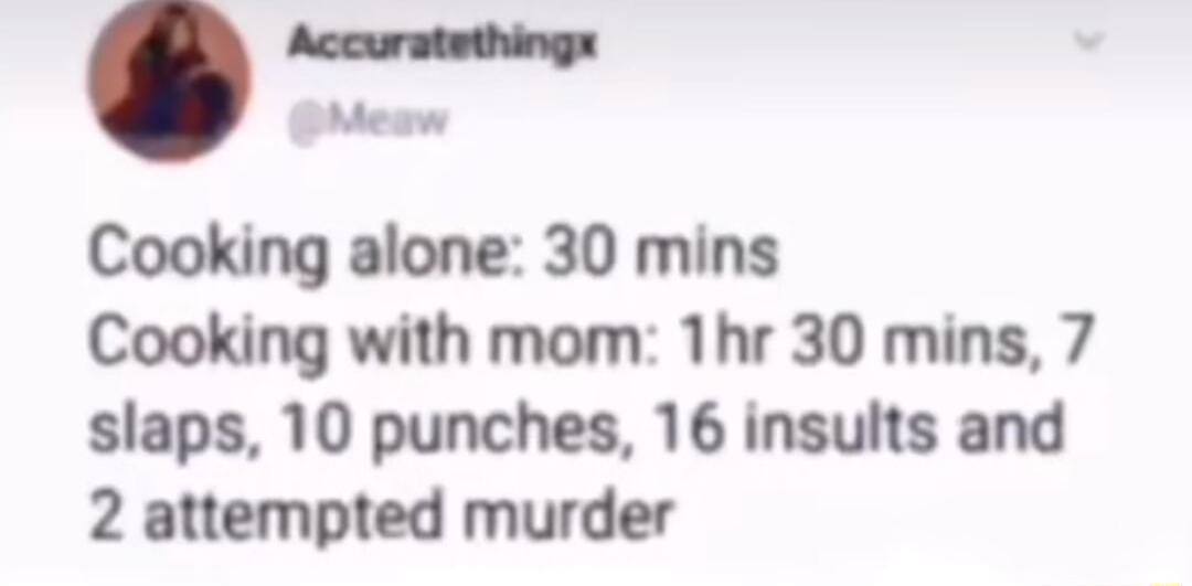 Accuratethings Meaw Cooking alone 30 mins Cooking with mom 1hr 30 mins 7 slaps 10 punches 16 insults and 2 attempted murder