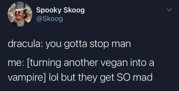 Spooky Skoog Skoog dracula you gotta stop man me turning another vegan into a vampire lol but they get SO mad CHA RSV 07T T R VI CI R Tl Te 632 Retweets 17 Quote Tweets 4423 Likes