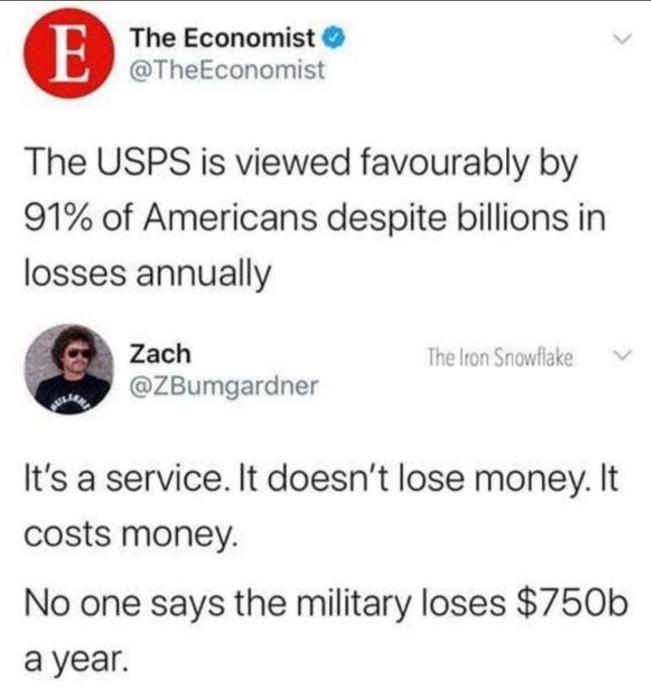 The Economist TheEconomist The USPS is viewed favourably by 91 of Americans despite billions in losses annually Zach The Iron Snowflake ZBumgardner Its a service It doesnt lose money It costs money No one says the military loses 750b ayear