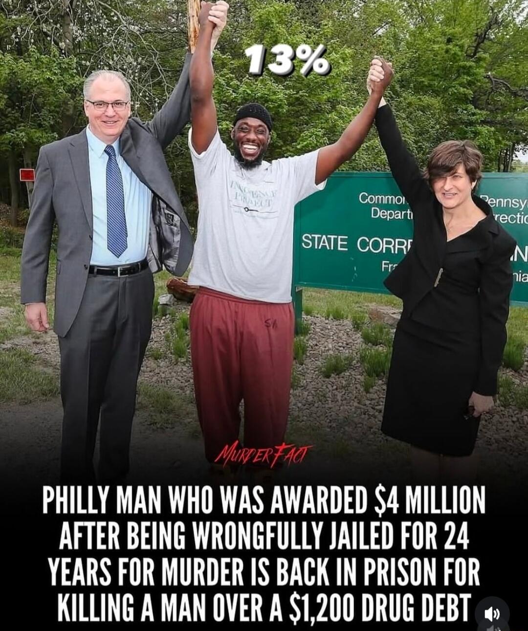 13%
PHILLY MAN WHO WAS AWARDED $4 MILLION AFTER BEING WRONGFULLY JAILED FOR 24 YEARS FOR MURDER IS BACK IN PRISON FOR KILLING A MAN OVER A $1,200 DRUG DEBT
