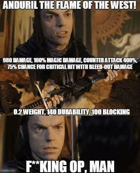 ANDURIL THE FLAME OF THE WEST y B 9 980 DAMAGE 100 MAGIC DAMAGE COUNTER ATIACK 400 T9 CHANCE FOR CRITICAL HITWITH Il A d J