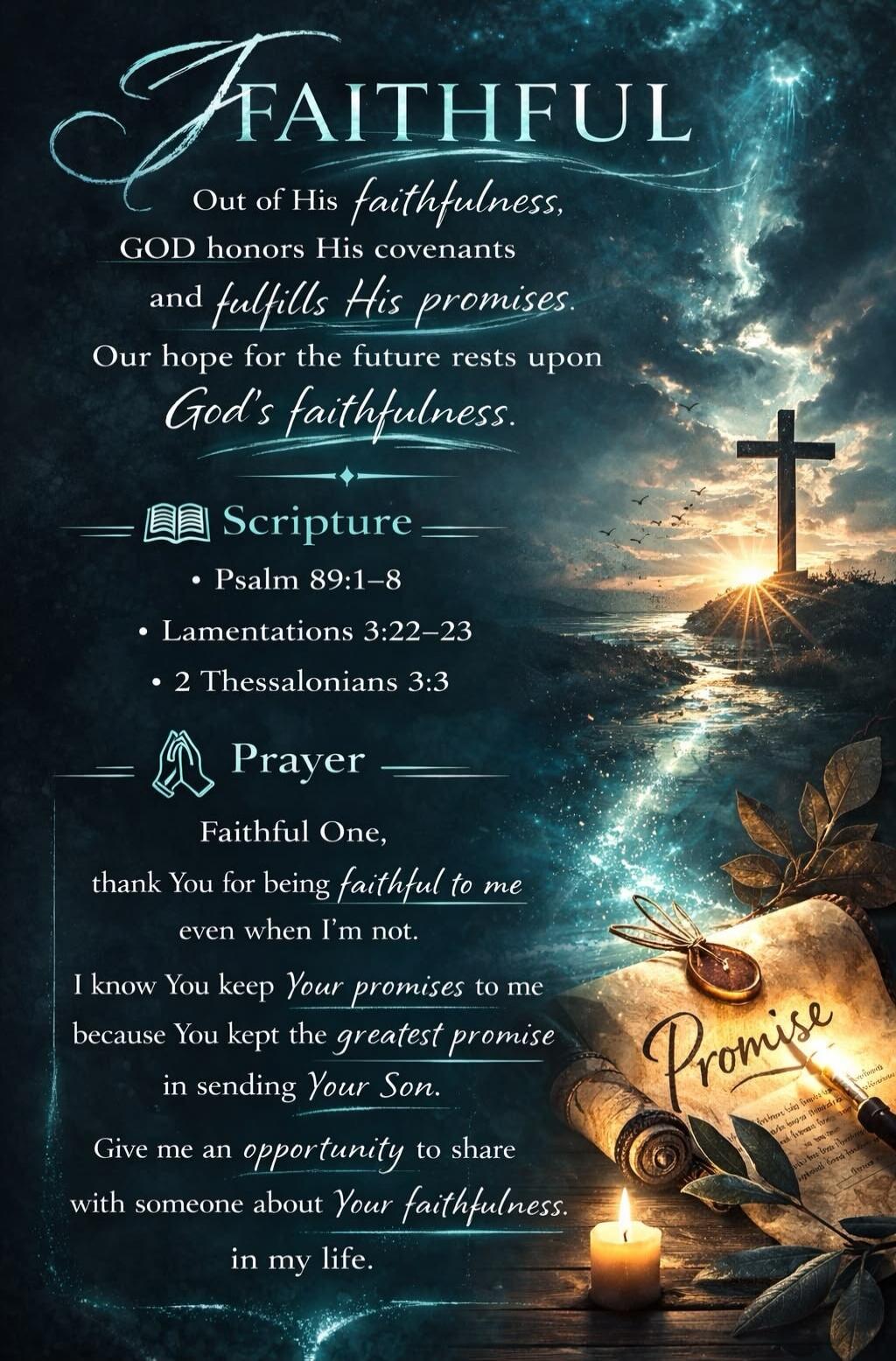 FAITHFUL
Out of His faithfulness, GOD honors His covenants and fulfills His promises. Our hope for the future rests upon God's faithfulness.
Scripture
Psalm 89:1-8
Lamentations 3:22-23
2 Thessalonians 3:3
Prayer
Faithful One, thank You for being faithful to me even when I'm not. I know You keep Your promises to me because You kept the greatest prom