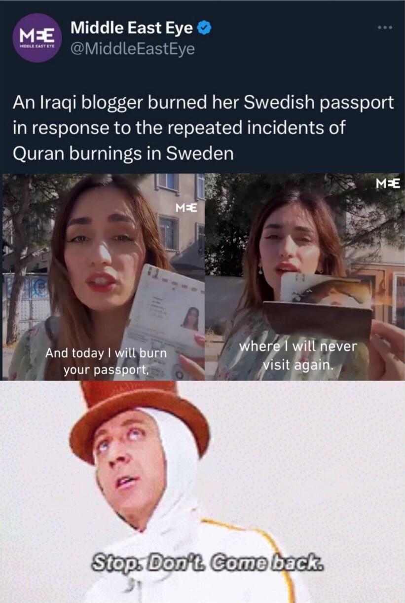 F3 Middle East Eye MiddleEastEye An Iraqi blogger burned her Swedish passport in response to the repeated incidents of Quran burnings in Sweden du n ME And today m your pasggo