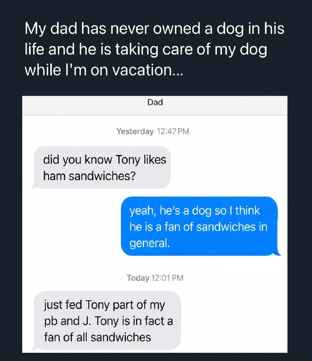 My dad has never owned a dog in his life and he is taking care of my dog while I'm on vacation... Dad Yesterday 12:47 PM did you know Tony likes ham sandwiches? yeah, he's a dog so I think he is a fan of sandwiches in general. Today 12:01 PM just fed Tony part of my pb and J. Tony is in fact a fan of all sandwiches