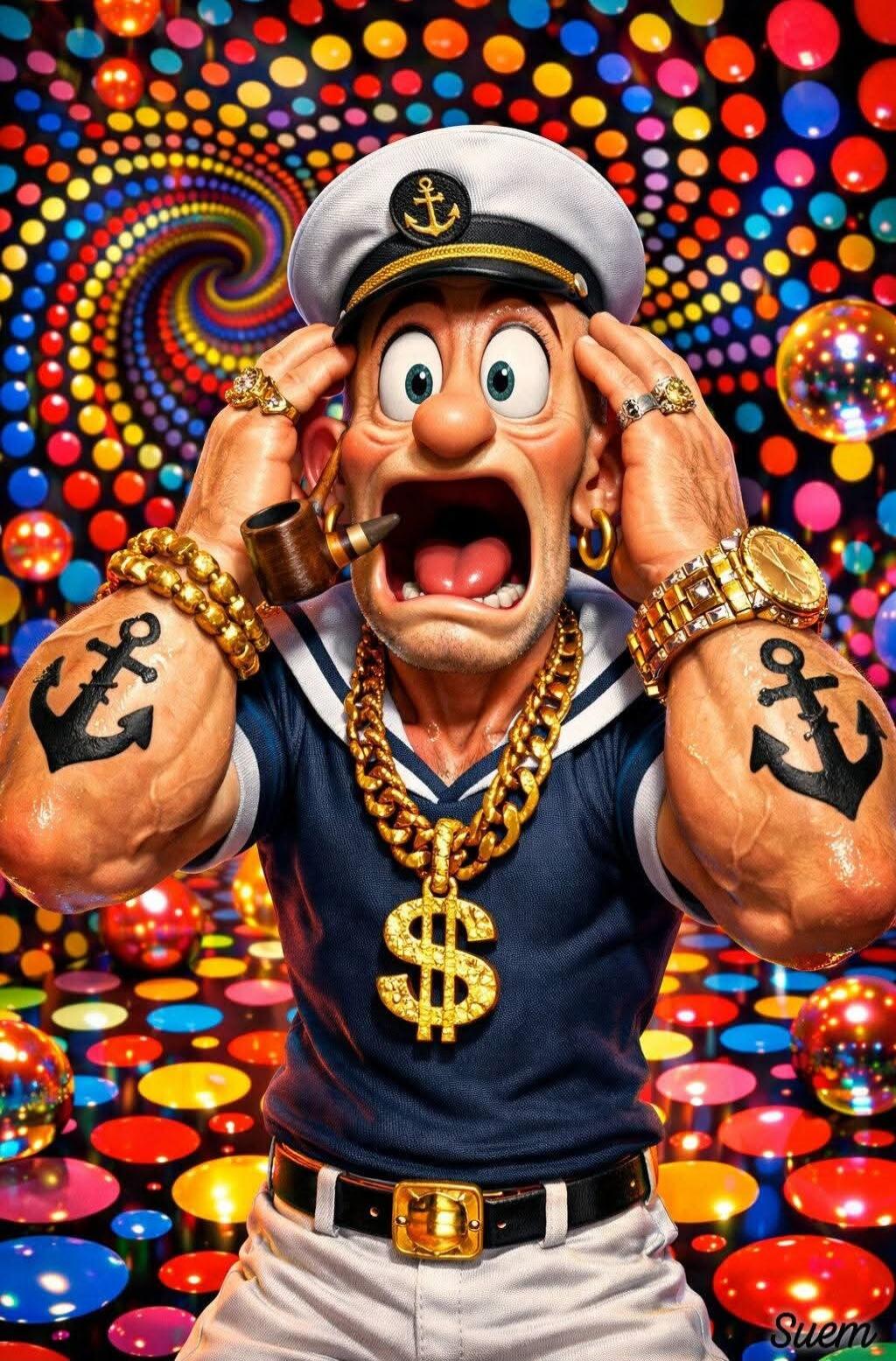 A highly stylized, almost hyperrealistic depiction of Popeye the Sailor, looking shocked or surprised. He is heavily accessorized with gold jewelry, including a thick gold chain with a dollar sign pendant, gold bracelets, rings, a gold watch, and hoop earrings. He wears a classic sailor uniform and a captain's hat, with anchor tattoos on his forear