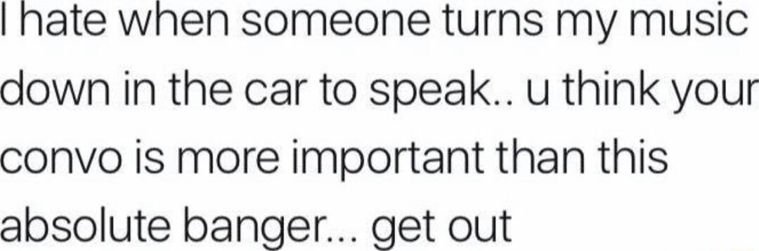 hate when someone turns my music down in the car to speak u think your convo is more important than this absolute banger get out
